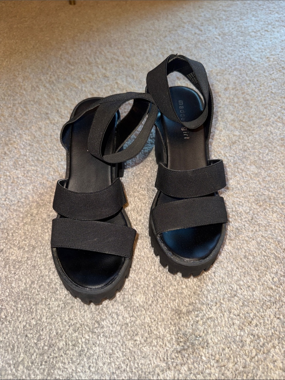 Madden Girl Black Elastic Strap Lug Platform Sandals